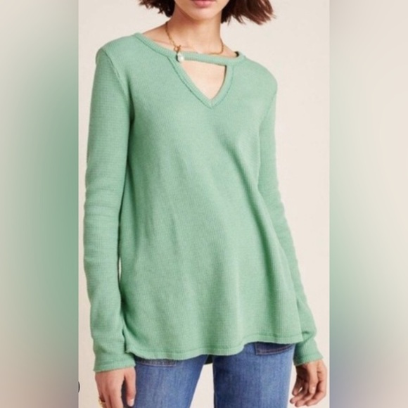 Anthropologie Ila Green Thermal Cutout Tunic Top M Long Sleeve Waffle Knit USA - Picture 1 of 7